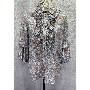 Alberto Makali Women Small Black Blue Floral Sheer Top Ruffle Puff Sleeve Button